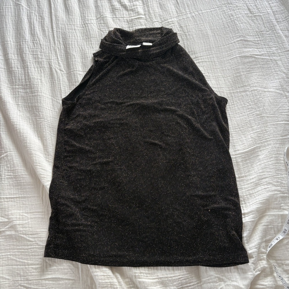 Studio C Top Cowl Neck Shimmer Black Gold Metallic Sleeveless Evening Stretch L